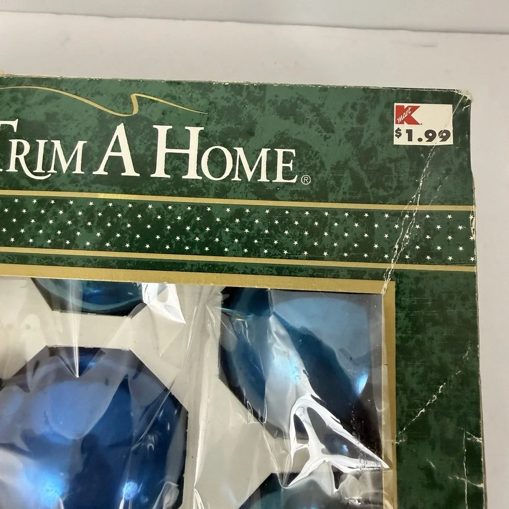 Vintage Trim A Home Kmart Blue Gold Christmas Ornaments USA 13 Pc Shiny Retro